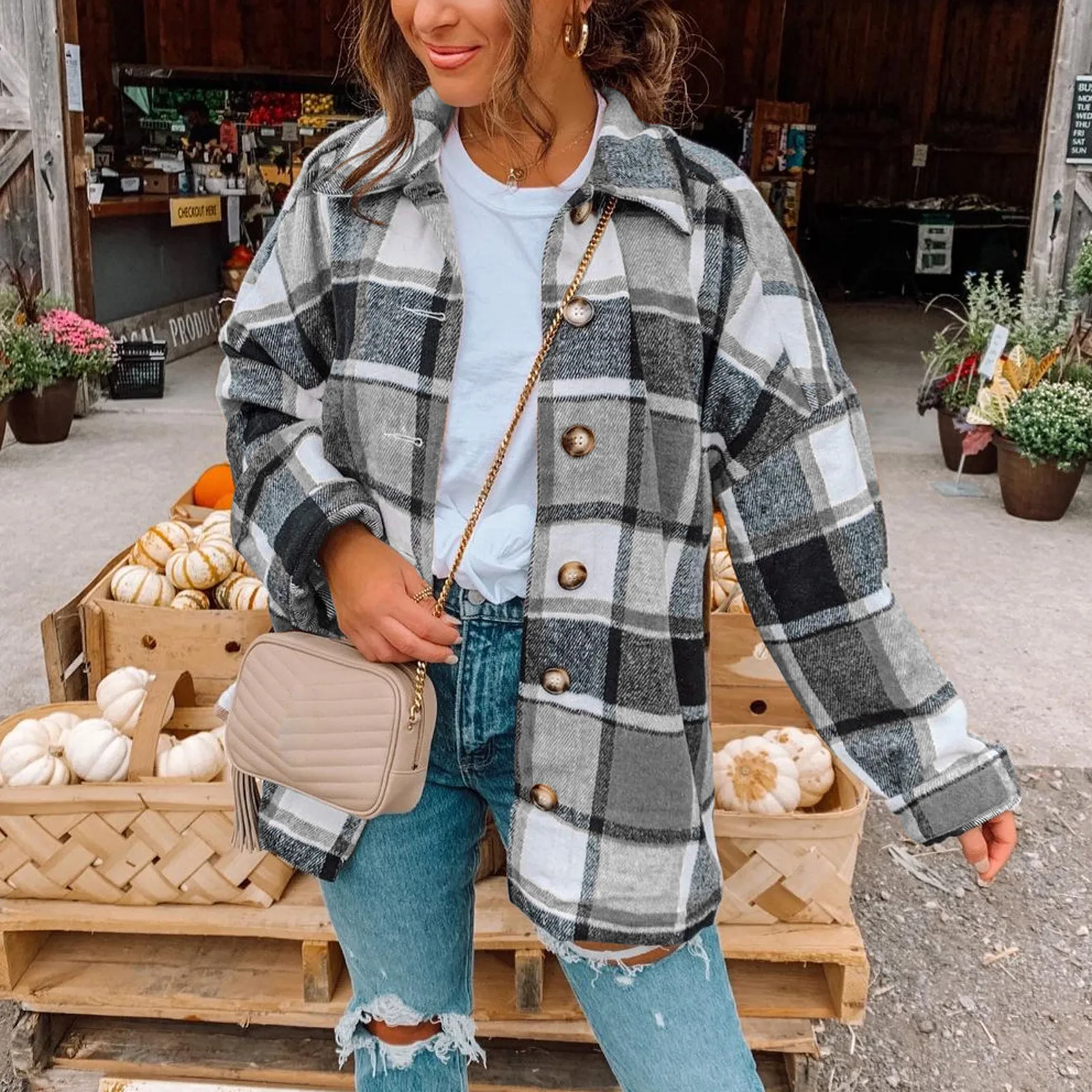 

Oversize Korean Shirts Womens Harajuku Plaid Button Up Pullovers Autumn Winter Long Sleeve Blusas Female Pullovers Grey Coat