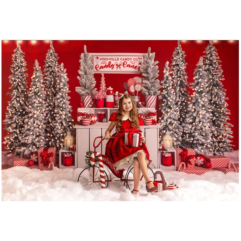 Mocsicka Xmas Candy Shop Backdrop For Children Portrait Holiday Party Photography Red Wall Christmas Tree Decor Supplies Props