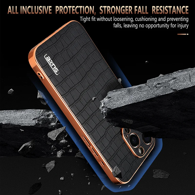 For iPhone 16 15 14 13 12 11 Pro Max PU Leather Crocodile Pattern Electroplated Shell Phone Case For iPhone 16Pro Back Cover