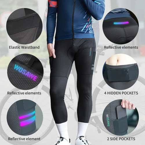 Imagen 2 del producto WOSAWE, pantalones de bicicleta para hombre, mallas largas acolchadas para ciclismo, pantalones MTB, mallas para bicicleta, conducción al aire libre, ropa reflectante de secado rápido