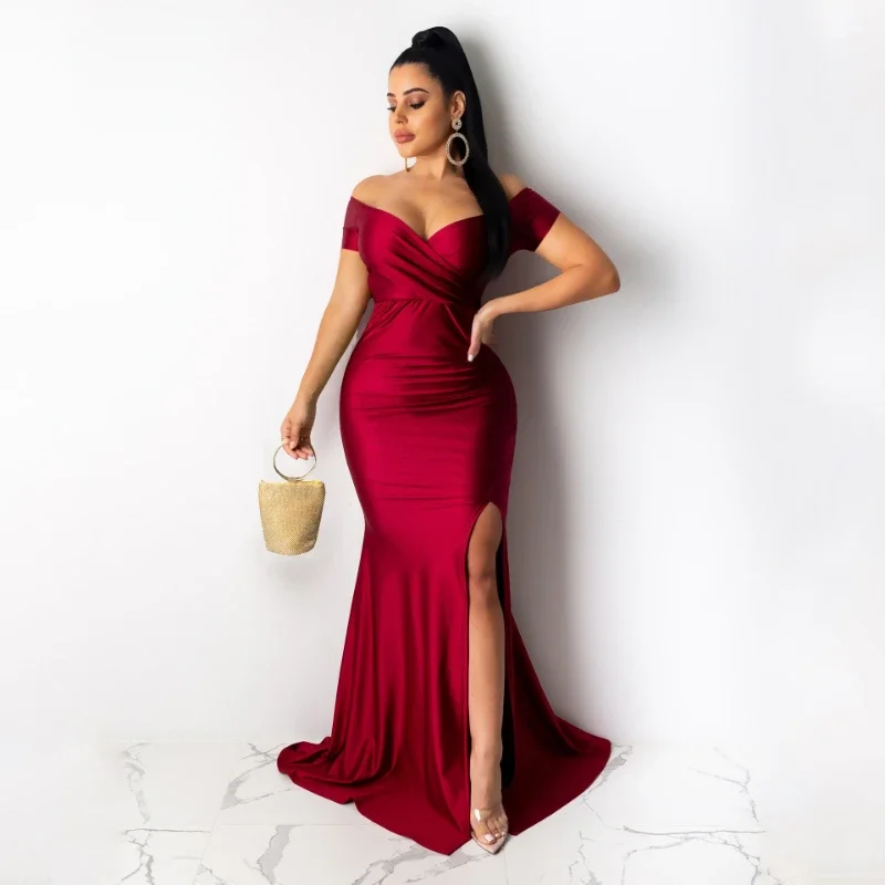 Sexy Off The Shoulder V-neck Mermaid Evening Dresses for Women Elegant Night Party Club Slim Ruched Formal Prom Long Dress Robes