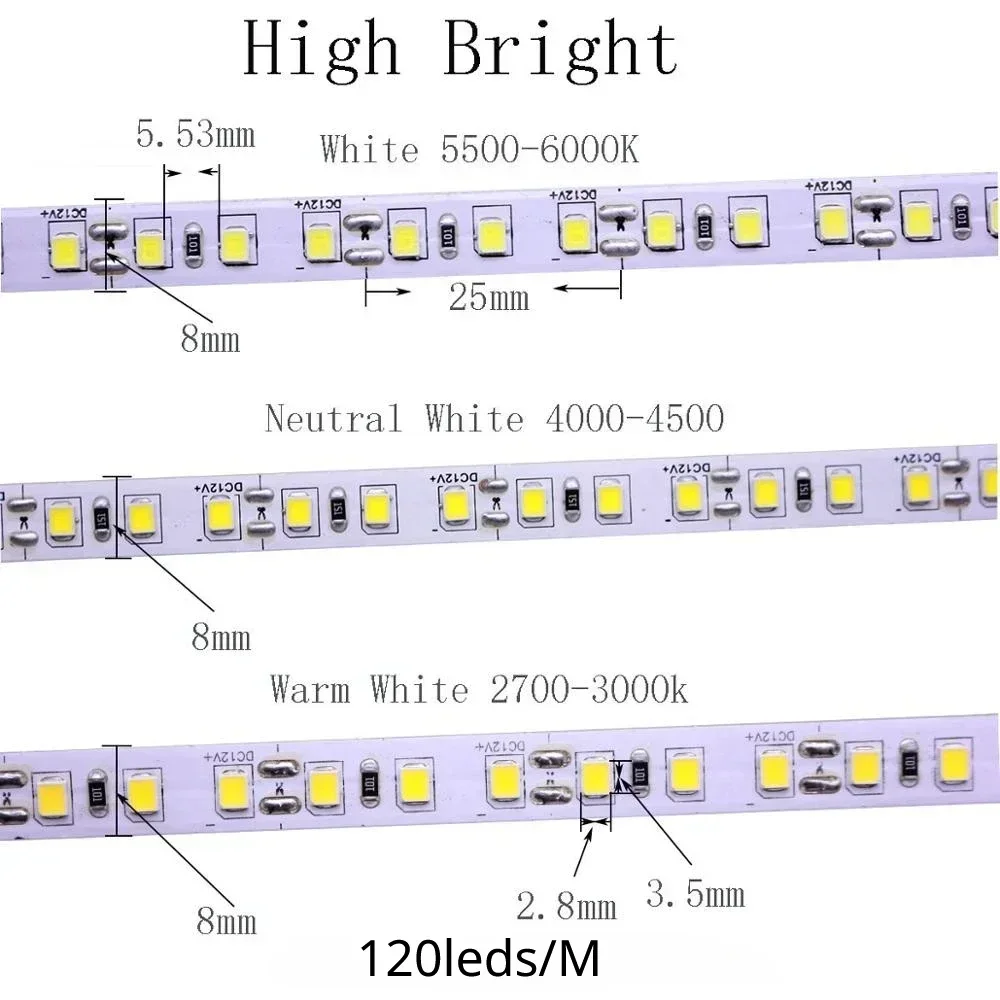 Imagem -05 - Fita Fita Led Flexível Fita de Luz Branco Quente Branco Frio Alta Brilhante 60 120 240 480leds 2835 Smd 5m dc 12v