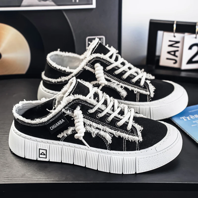 Frayed Canvas Board Shoes Men 2‑in‑1 Wear Slip On Half Mule Sneakers Casual Daily Student Footwear 39‑44
