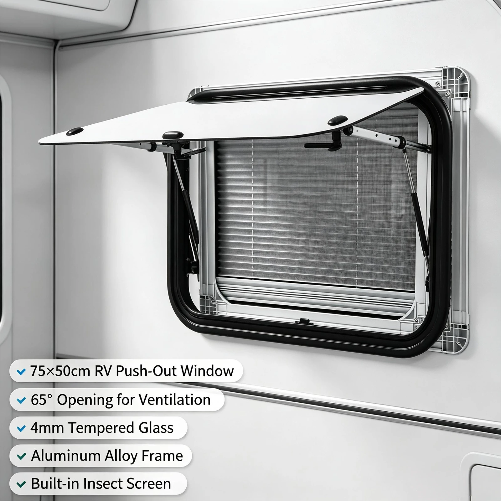 75*50cm RV Push-out Window 65° Opening Tempered Glass Camper Window with Window Screen, for RV Trailer Conversion Van