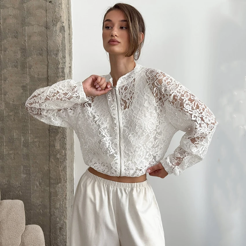 Linad Vintage White Embroidery Zipper Jackets 2026 Sexy Sheer Lace Stand Collar Coats Elegant Slim Pleated Long Sleeve Outerwear