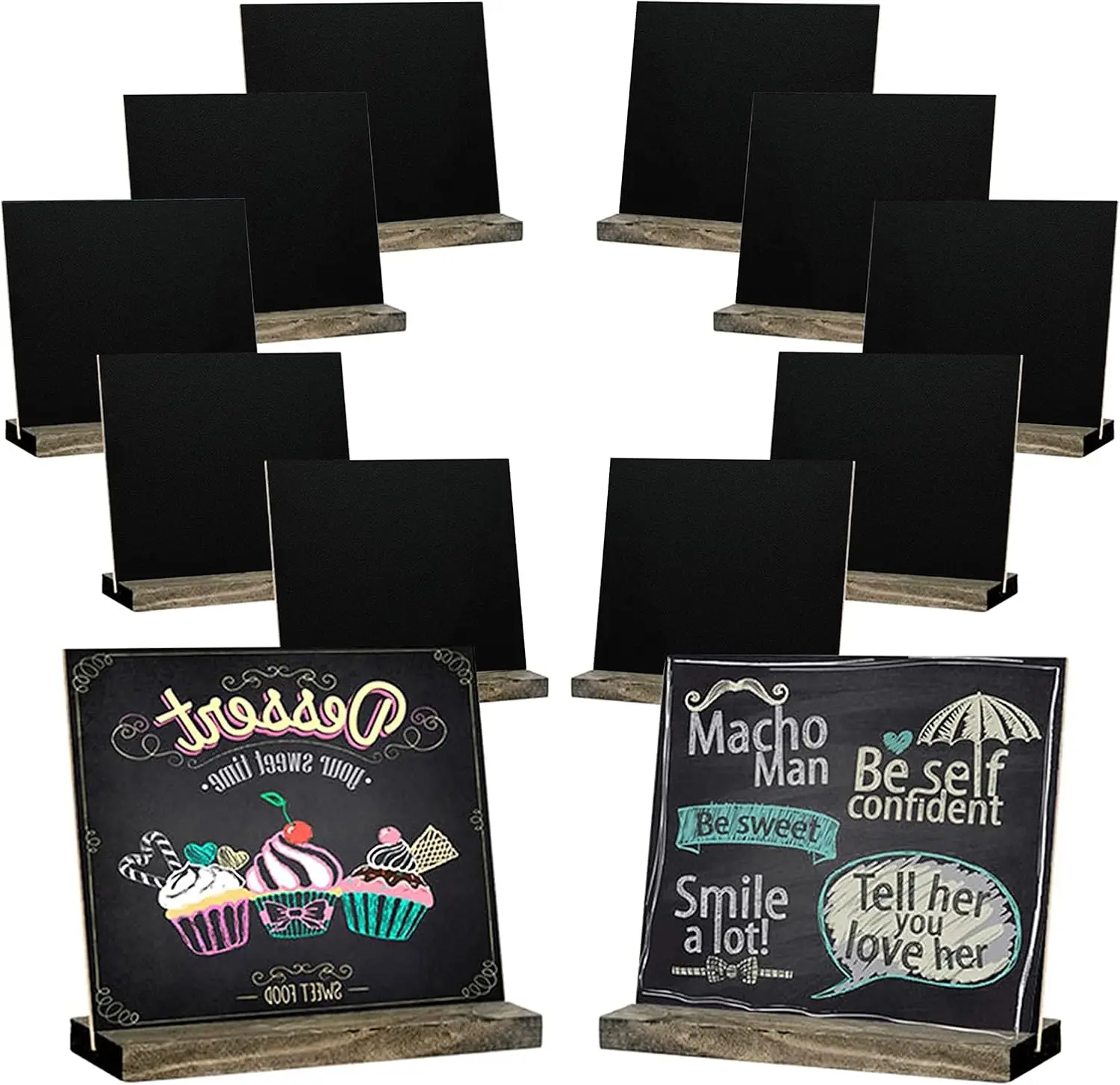 

12 Pack Mini Tabletop Chalkboard Sign with Base Stand, 5x6 Inch Vintage Wooden, for Table Numbers, Food Signs, Party Decorations