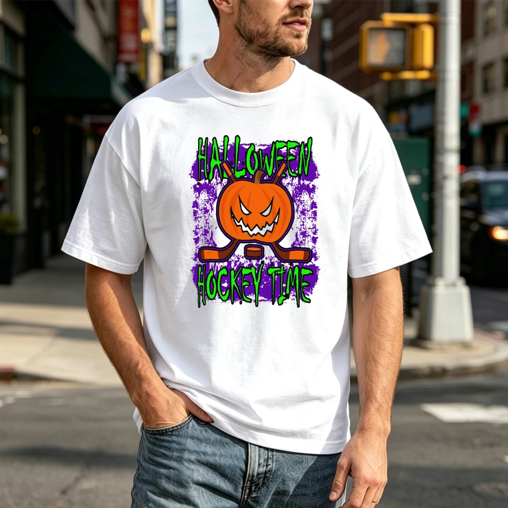 Retro Halloween Hockey Time Spooky Pumpkin Sticks Graphic Cotton Short Sleeve T-Shirt Autumn Winter Sports Gift US Men Women Top
