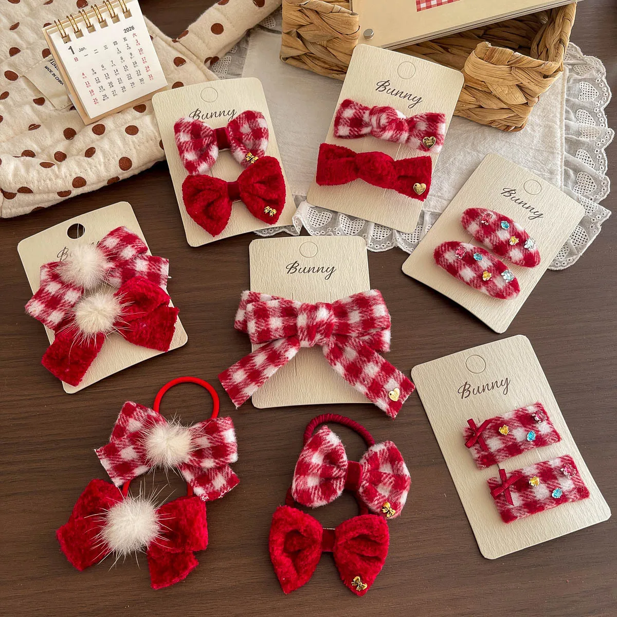 Hair Clips Hair Ties Red Plaid Bow Girls Premium Elegant Headwear Hair Accessories Fabric Pompom Gold Tag Small Lightweight