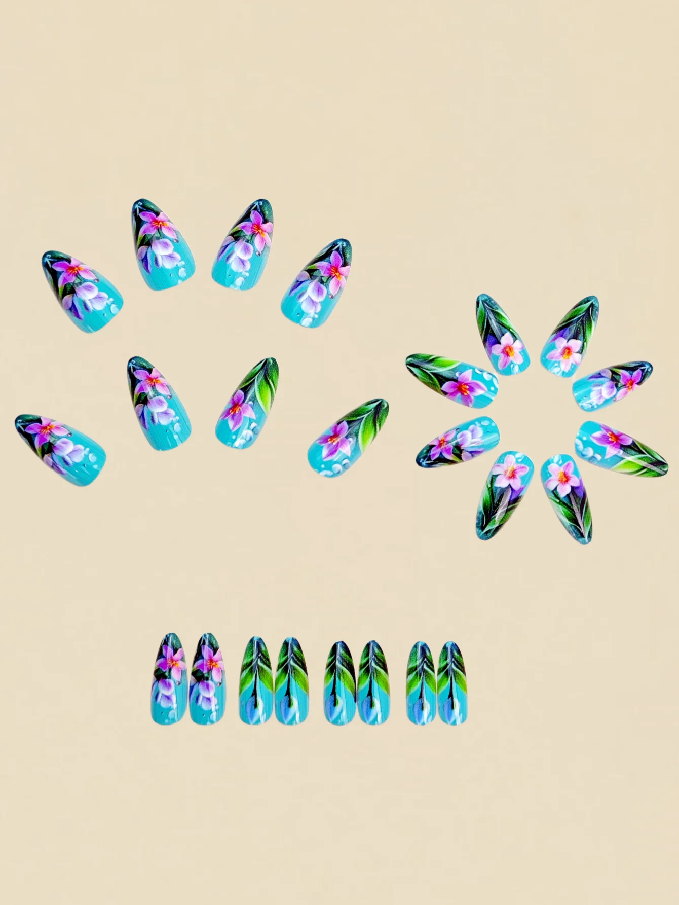 Toppe per unghie verdi per unghie di mandorla di media lunghezza, toppe per unghie con motivo floreale vegetale alla moda primaverile ed estivo, 24 chiodi staccabili p