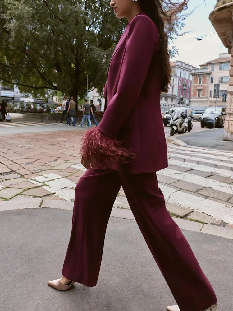 

Новинка зимы 2029, женский костюм с манжетами и перьями, джинсовые брюки с прямыми штанинами, повседневный длинный свек, однотонный, на пуговицах