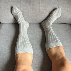 Long Tube Cotton Socks for Men Business Formal Dress Casual Socks Mans Striped Breathable Sports Wicking High Tube White Socks