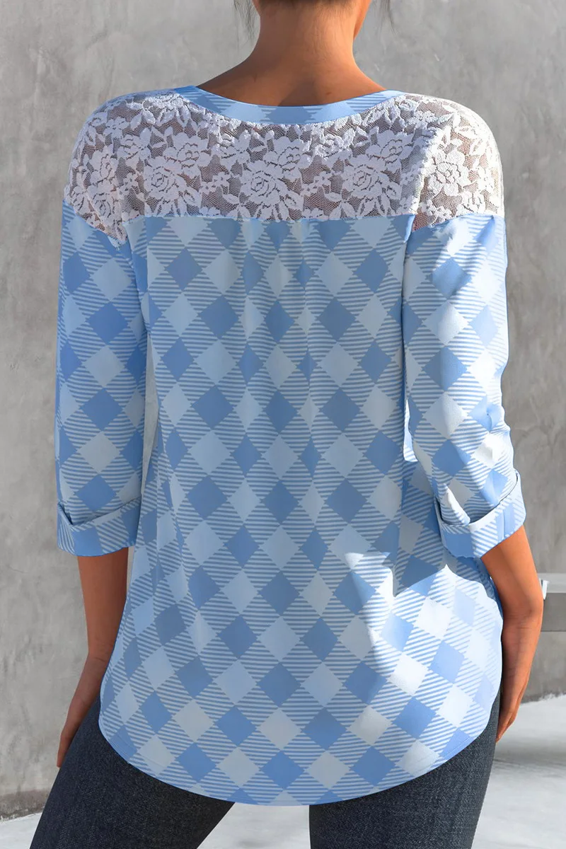 Picture 6: Plus Size Plaid Print Split Neck Button Up 3/4 Sleeve Lace Stitching Blouses