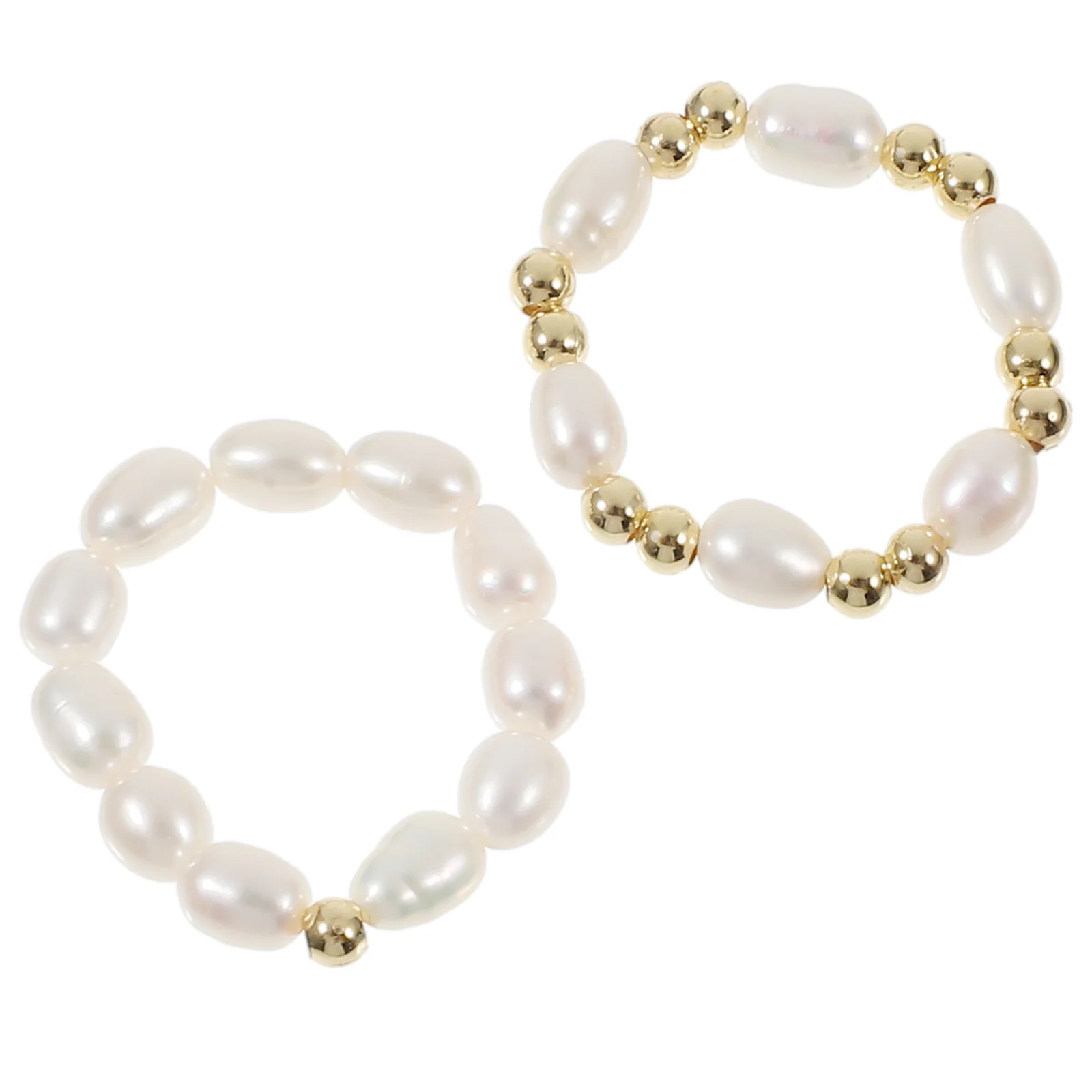 

2 Pcs The Ring Hand-beaded Freshwater Pearl Rings (single + Double Bead) Stretch Fashion Style Women Jewelry Miss