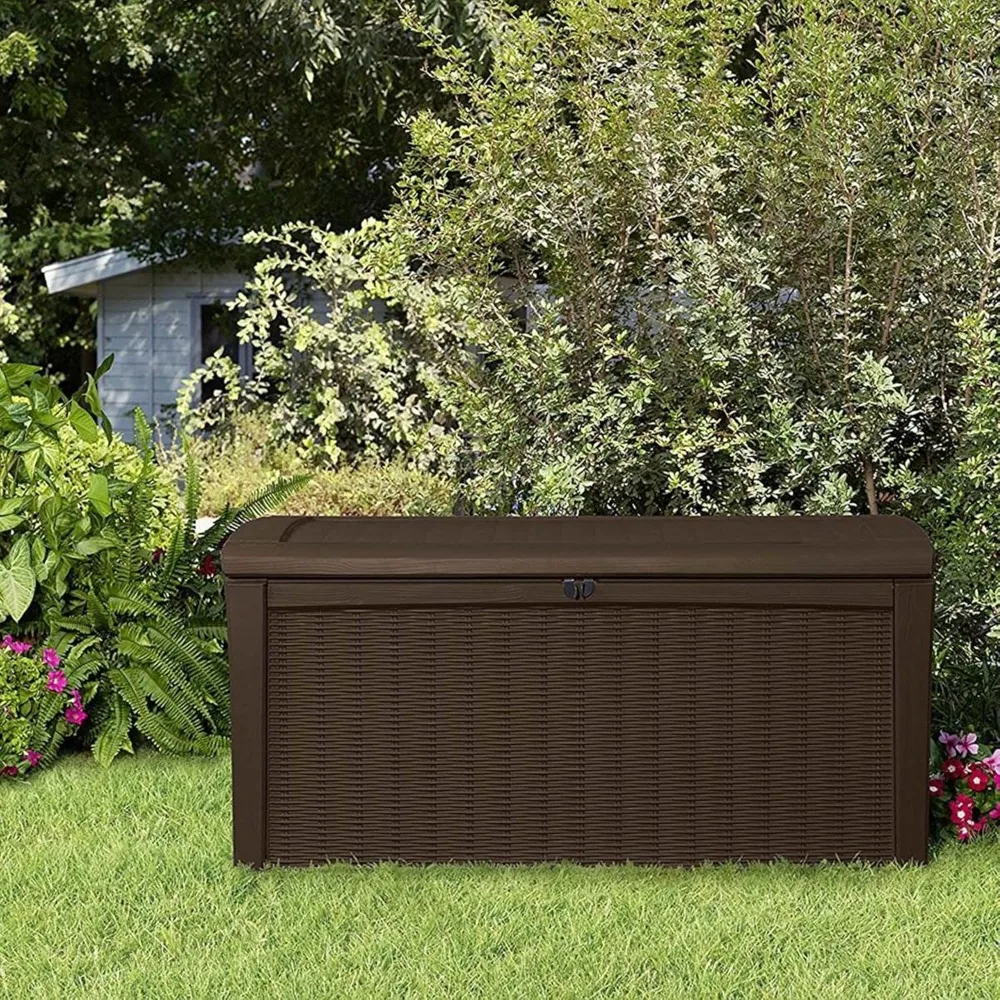 

Borneo 416L Storage Box, All-Weather Wicker Rattan-Style Resin Deck Box and Stylish Outdoor Bench with Piston-Assisted Lockable