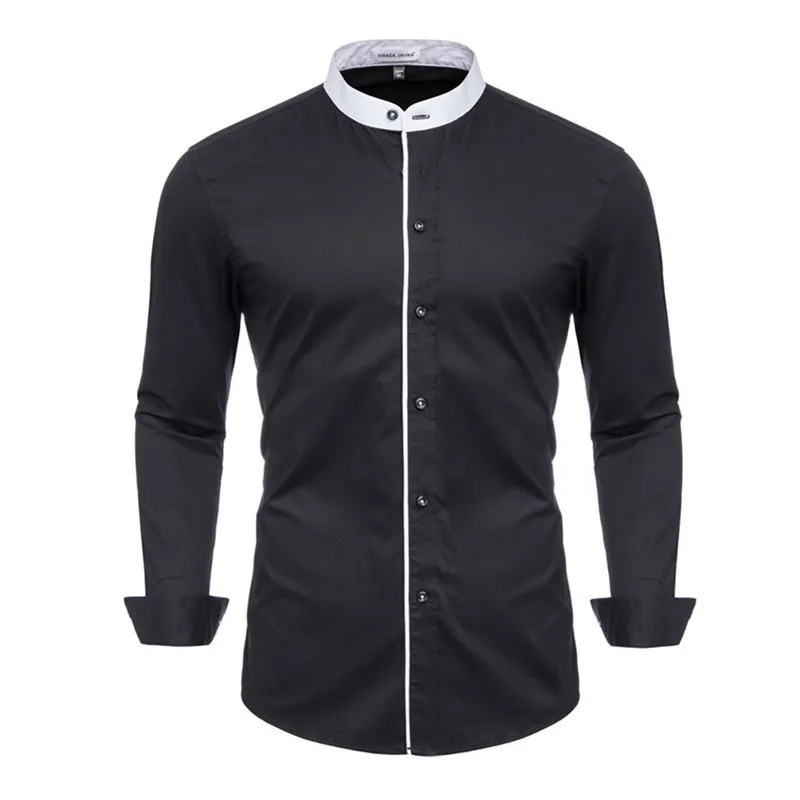 

VISADA JAUNA 100% Cotton High Quality Men's Shirt New Mens Fashion Contrast Stand Collar Slim Fit Dress Long Sleeve Plug Size