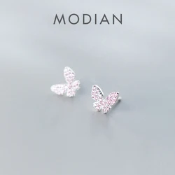 MODIAN Real 925 Sterling Silver Pink Crystals Cute Butterfly Stud Earring for Women Anti-Allergy Ear Pin Fine Jewelry Kids Gift