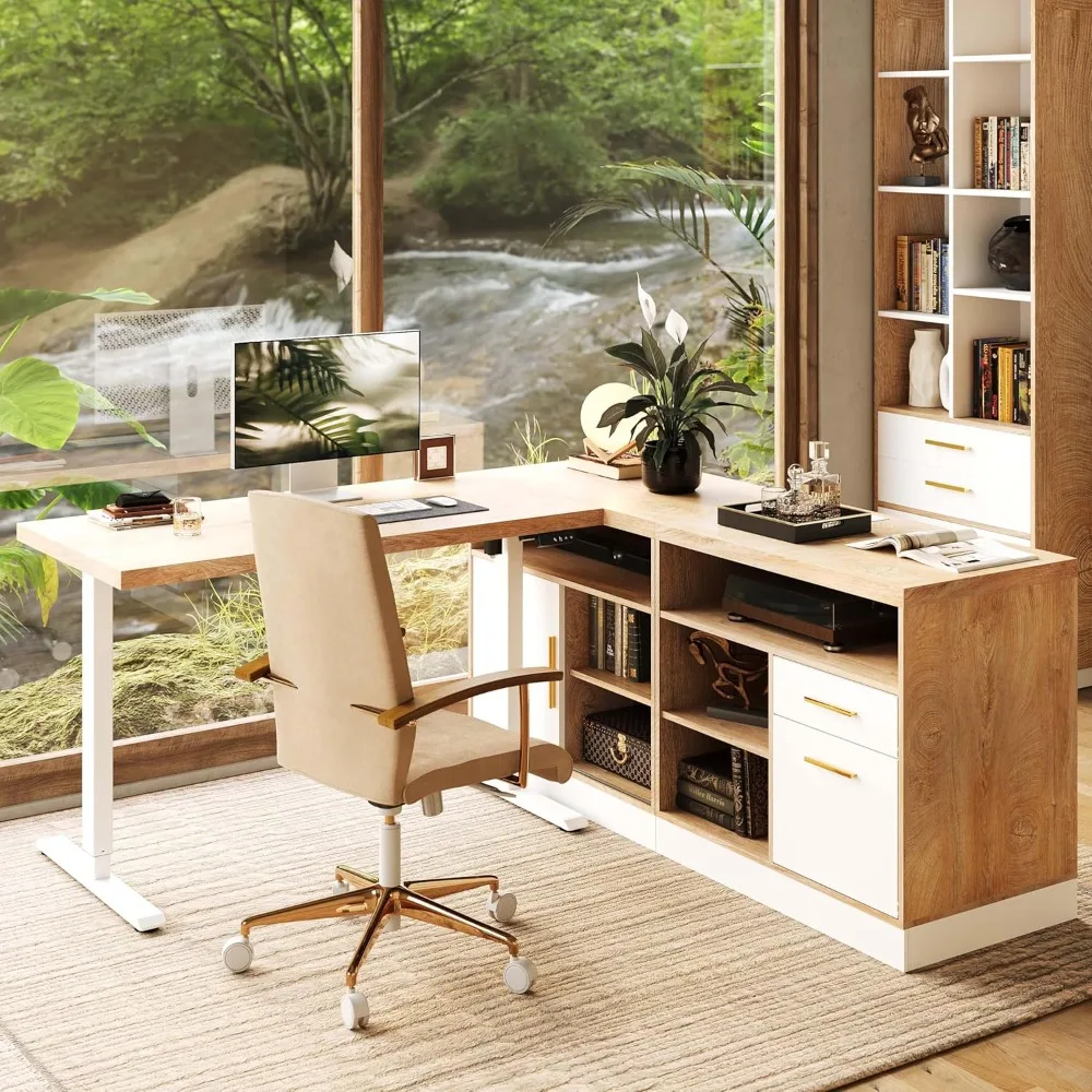 

Стоячий стол 67 дюймов с 2 шкафами для файлов, переменным/USB, рабочий стол 1,18 дюйма, L-образный электрический стол с регулируемой высотой, несколько функций