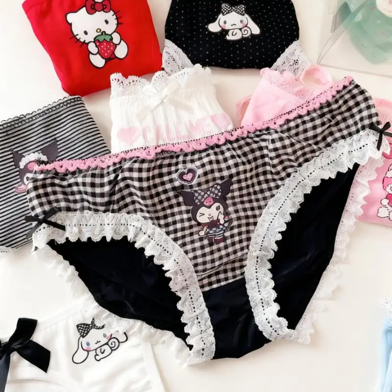 Sanrio Sexy Underwear Women Sweet Briefs Underwear Print Cute Bow Lace Sexy Comfort Student Cotton Briefs Girl