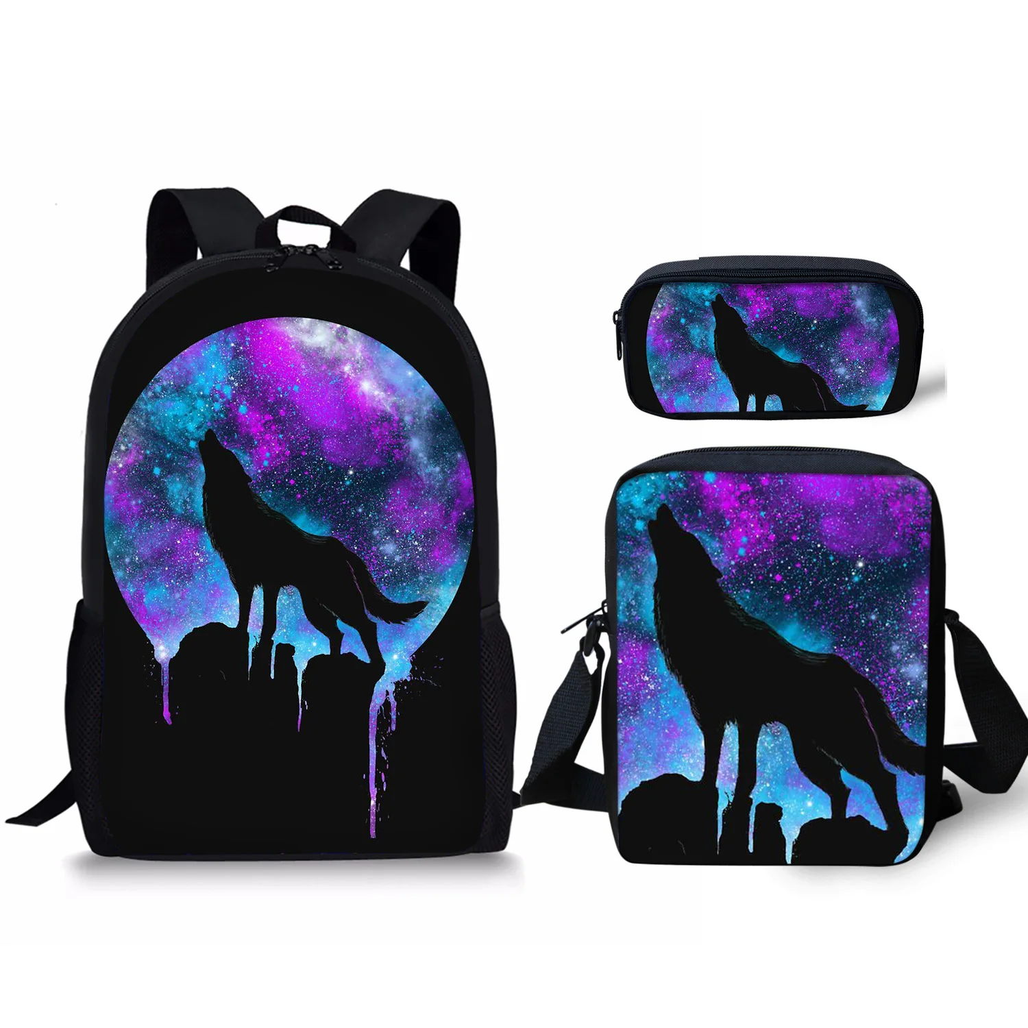 Lobo na Lua Padrão 3D Imprimir Mochila, Sacos de Viagem Estudante, Mochila Laptop, Bolsa de Ombro, Estojo, Popular, Juventude, 3 peças por conjunto