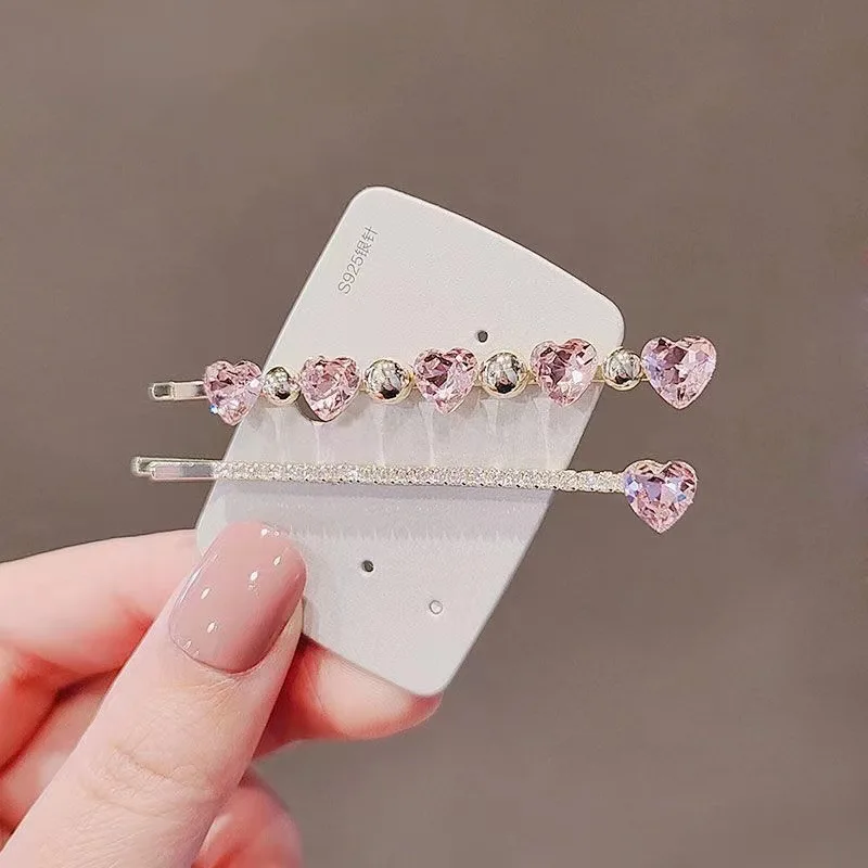 Sweetheart Hair Clips for Girls, Set of 2 Alloy Hairpins with Artificial Crystals, Side Bangs Clips, Pink and Lovely Hairpins