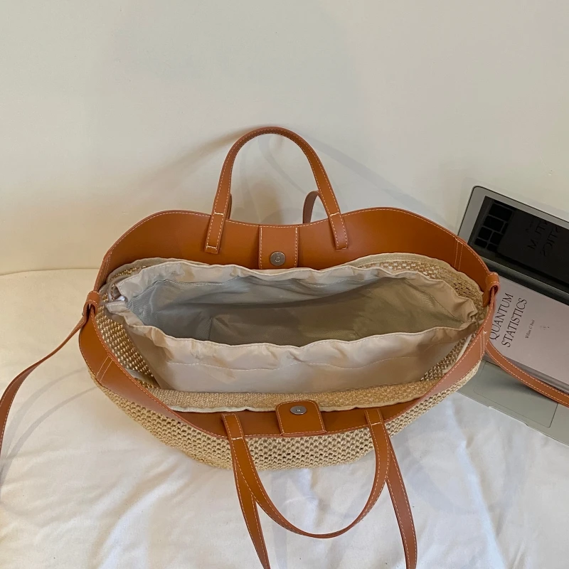 Vsper Branded Straw Knitted Big Tote Bags For Women Two-sized Big Capacity Shopper Shoulder Bag Set 2026 Summer Latest Beach Bag