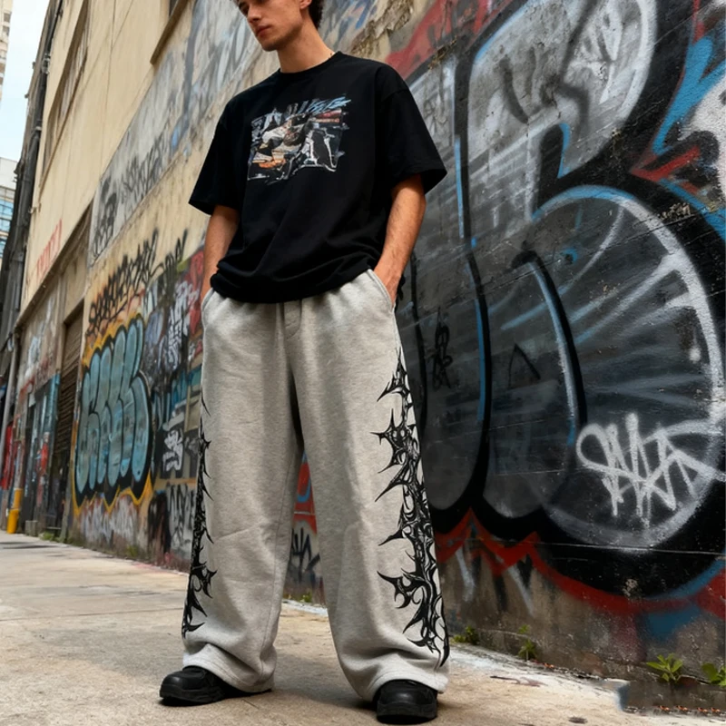 

New Y2K Gothic Eom Autumn/Winter Street Decoration Loose Straight Art Pattern Sports Outdoor Hip Hop Pants Black Grey Pants