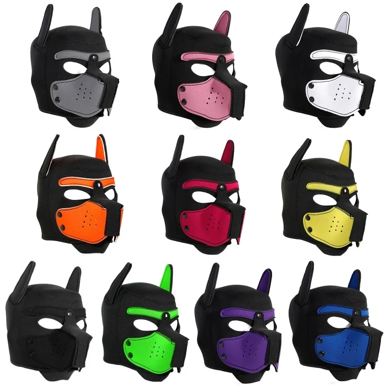 10 Colors Puppy Cosplay Costumes Latex Rubber Padded Fetish Dog Mask Full Head Hood Mask With Ears Men Women Dog Role Play Games