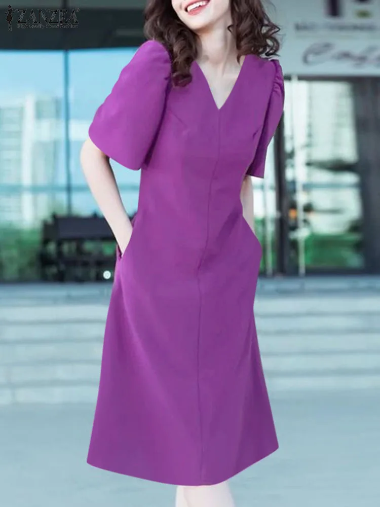 

ZANZEA Fashion Solid Color Dress Woman V-Neck Puff Sleeve Sundress Summer Casual Loose Vestidos Elegant OL Office Midi Robe 2024