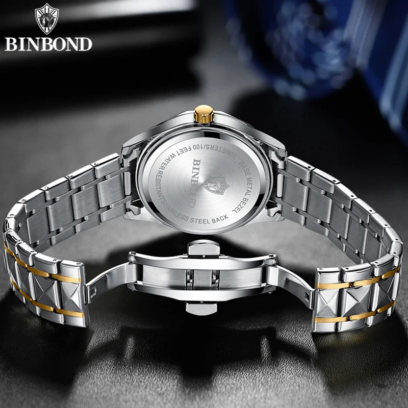 ساعة BINBOND الرجالية الفاخرة الماسية المضيئة بتقويم مزدوج وحركة كوارتز مقاومة للماء من الفولاذ المقاوم للصدأ ساعة رجال الأعمال العصرية