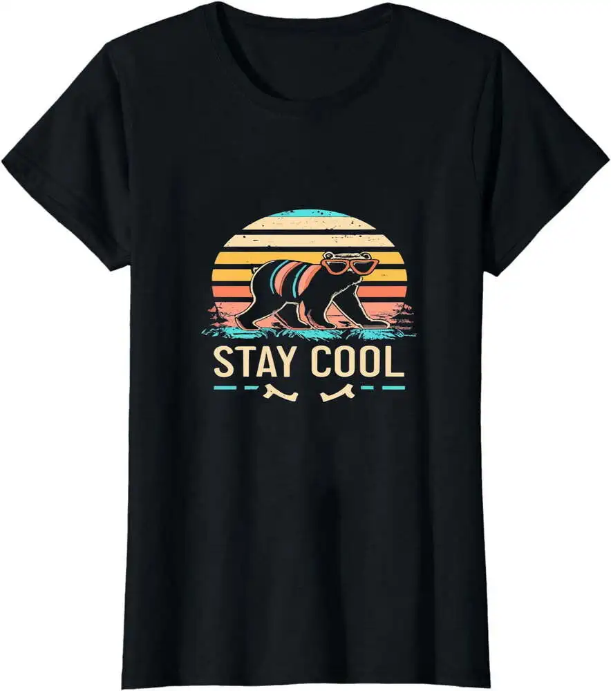 Retro Sunset Bear Stay Cool T-Shirt Black Tee For Men Clothing Women Short Sleeve Tees Y2K Tops New Arrival Unisex Summer