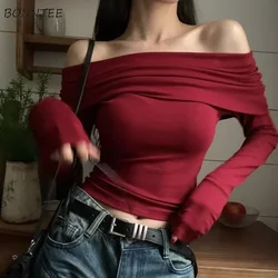 Vintage Red Long Sleeve T-shirts Women Slash Neck Slim   Short Basic Sexy Pleated Hot Chic Streetwear All-match Mujer