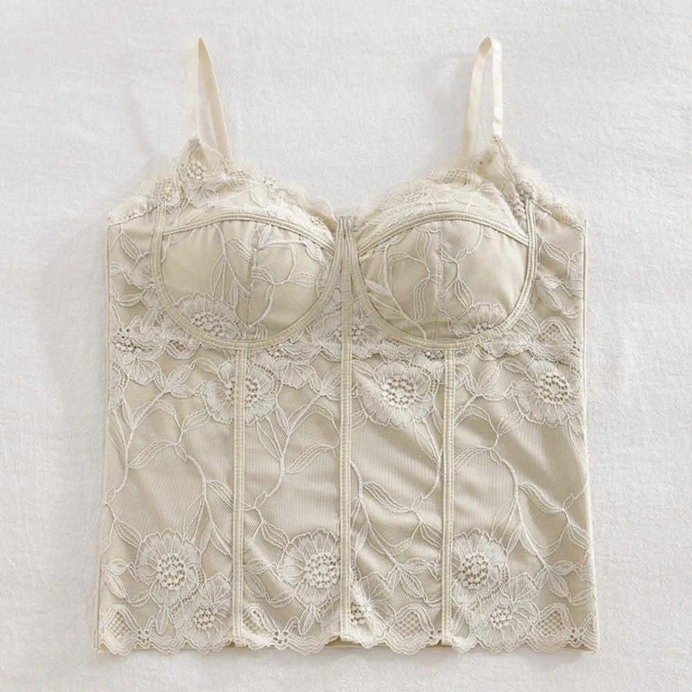 

Korean Style Mesh Flower Slim Lace Crop Top Sweet Bottoming Shirt Girl's Vest Top Fish Bone Lines Vest Camisole with Pads Women