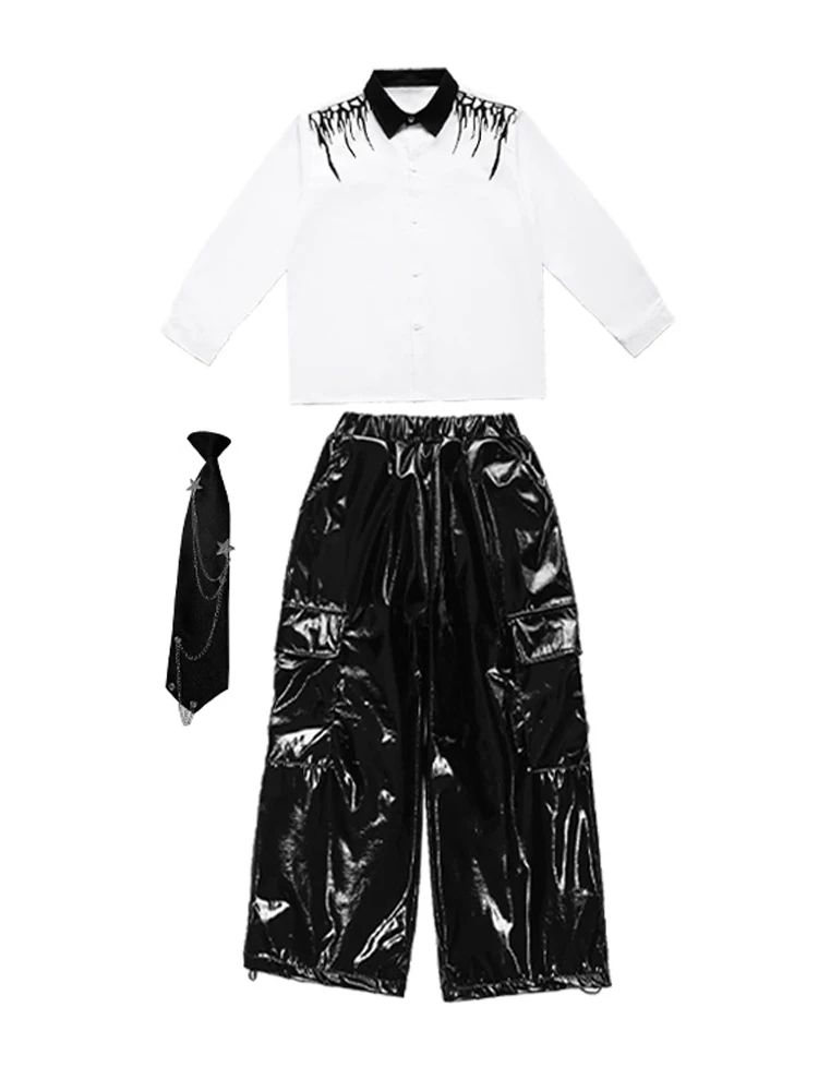 الأولاد الهيب هوب الملابس الشارع الرقص موضة قميص أبيض أسود بنطال جلدي طويل الأكمام الفتيات الاطفال أداء الجاز البدلة BL17769