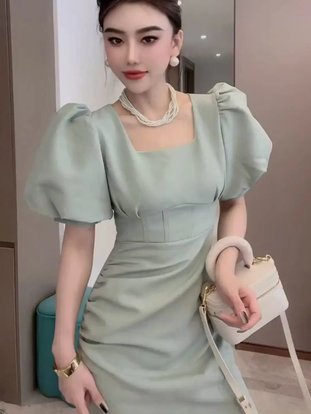 Korean Square Neck Puff Sleeve Pleated 2024 Women Summer Slim High Waist Corset Forking Hip Skirt Temperament Solid Color Dress