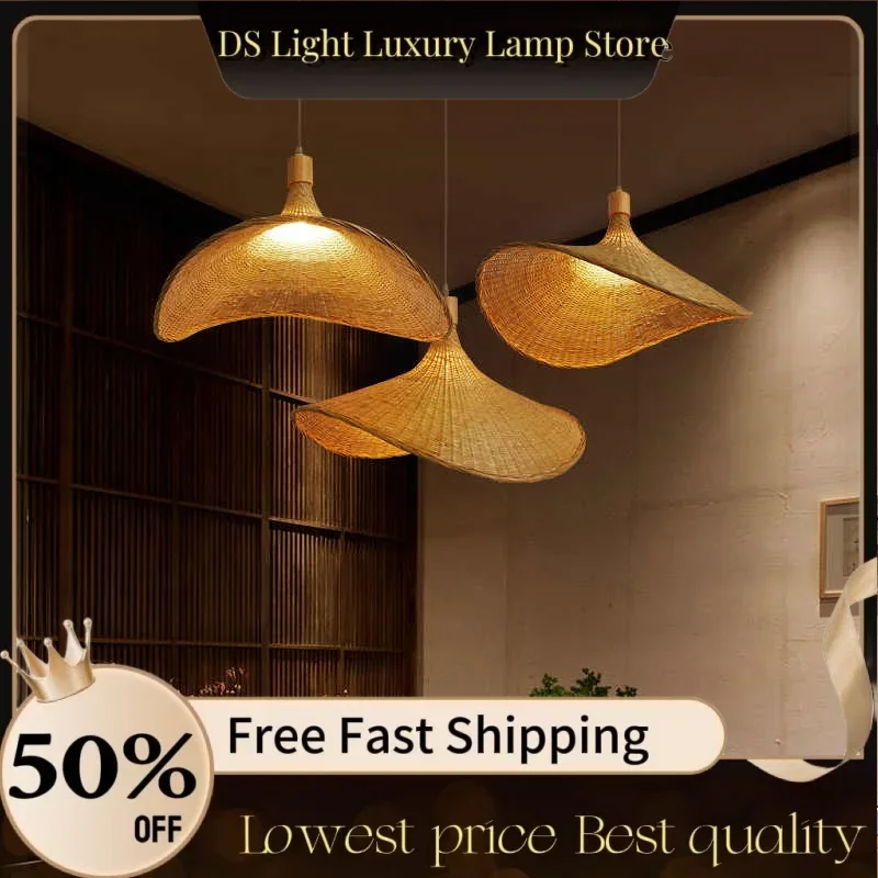 Hand Make Bamboo Wicker Vintage Ceiling Hanging Rattan Chandelier Lighting for Dining Room Suspension LED Pendant Lamps