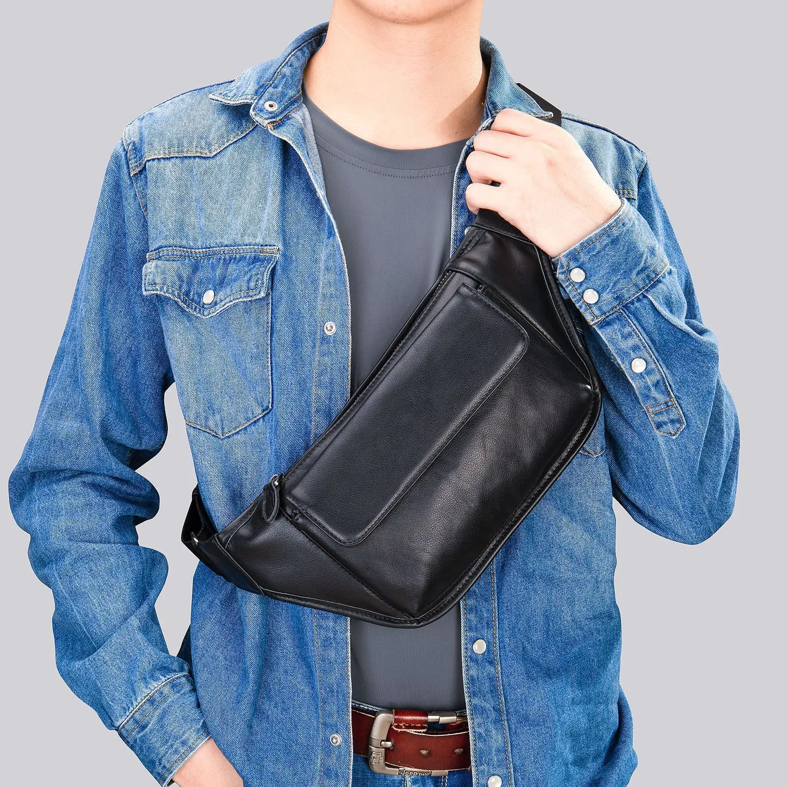 Fashion trend shoulder bag new men\'s all-in-one chest bag simple sports style men\'s chest bag wasit bag leather belt pouch phone