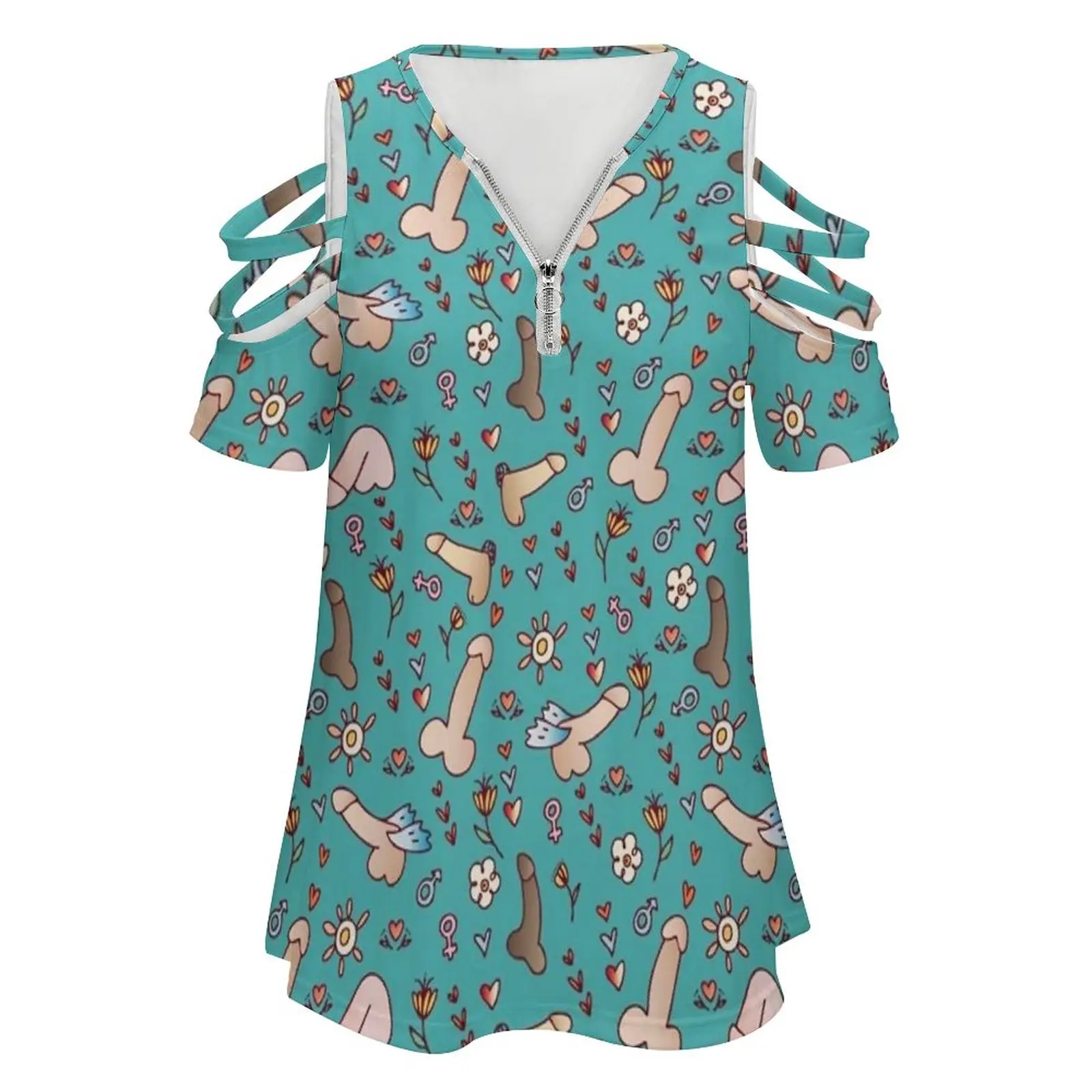 Women Zipper Sexy Printed Vintage T Shirts Tops Full Print T-Shirt Adult Pattern Funny Repeat All Over Dildo Cock Ball Male