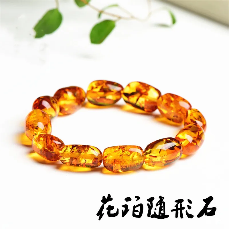 Natural Piebald Amber Oval Bracelet 14x10mm Yellow Flower Amber Women Men Healing Stretch Jewelry AAAAA