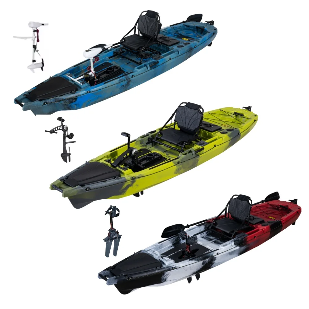 

Новый 12-футовый одиночный рыболовный каяк HDPE, многорасслабляющая каноэ-лодка с системой привода педали или двигателем для наружного использования