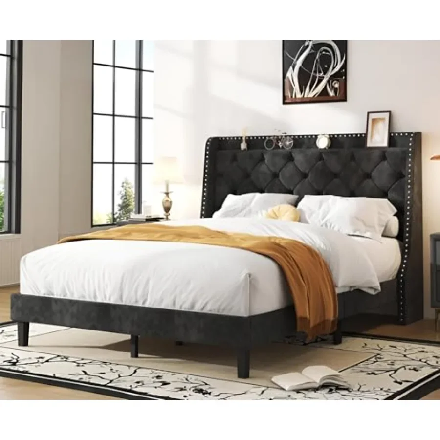 Queen Size Bed Frame for Bedroom Use, Velvet Fabric in Black with Tufted Button Detail, Wingback Storage Headboard, Strong Wood