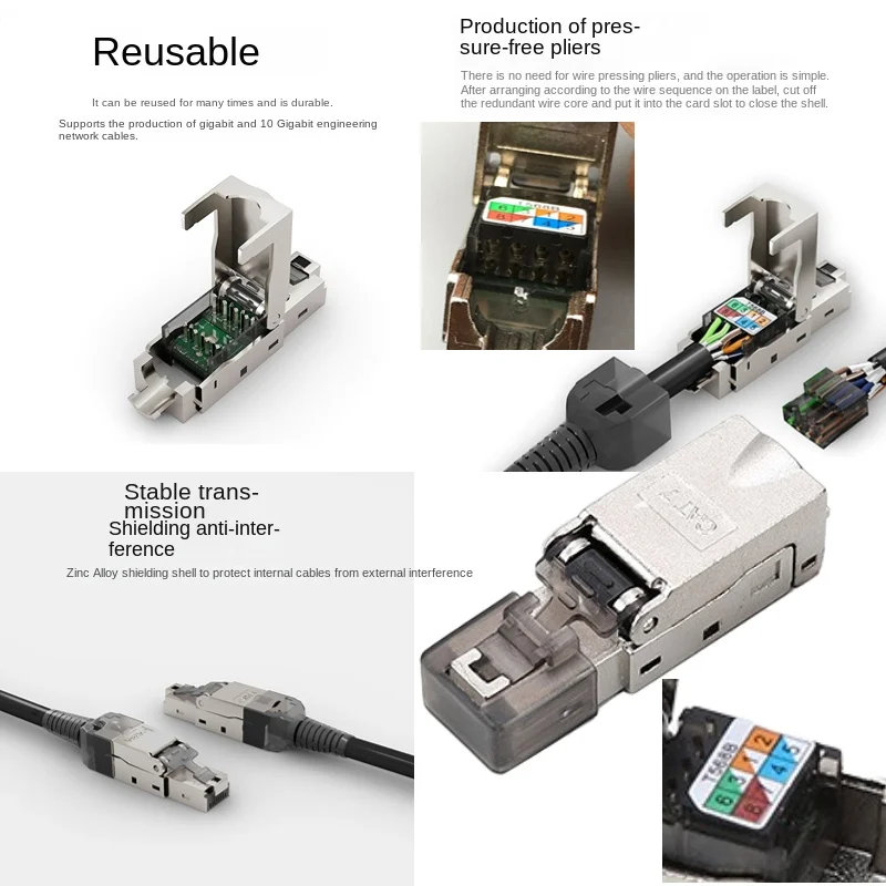 Cabeça de cristal perfurado adaptador, zinco liga Metal Shell com tampa protetora, Rede Ferramenta Cabo, CAT.7, RJ45,8P8C