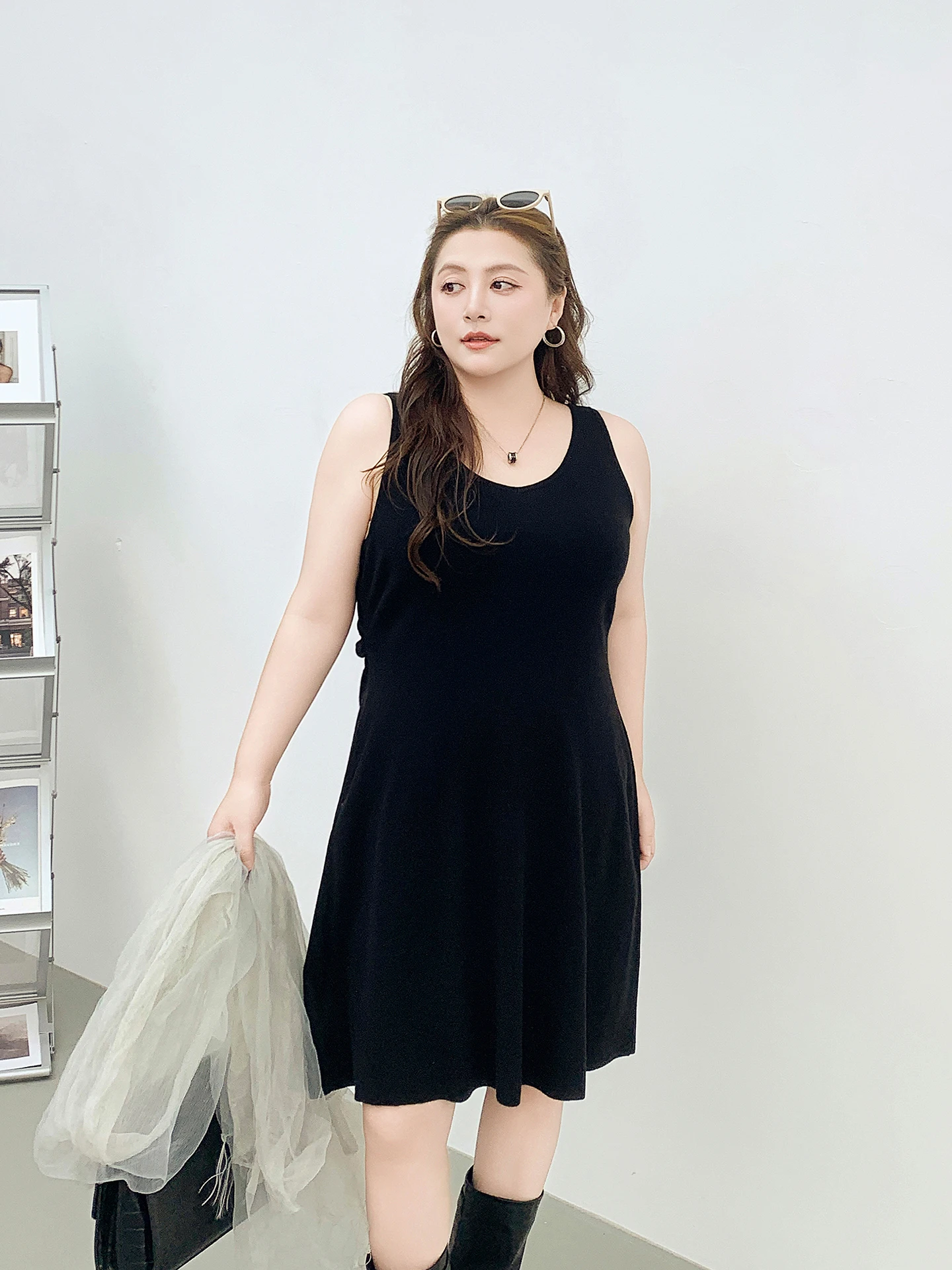 Meat Miss Large Size Women's Autumn New Simple Drape Vest Dress Pure Color Sleeveless Long Dress Casual Loose Fit Other Material