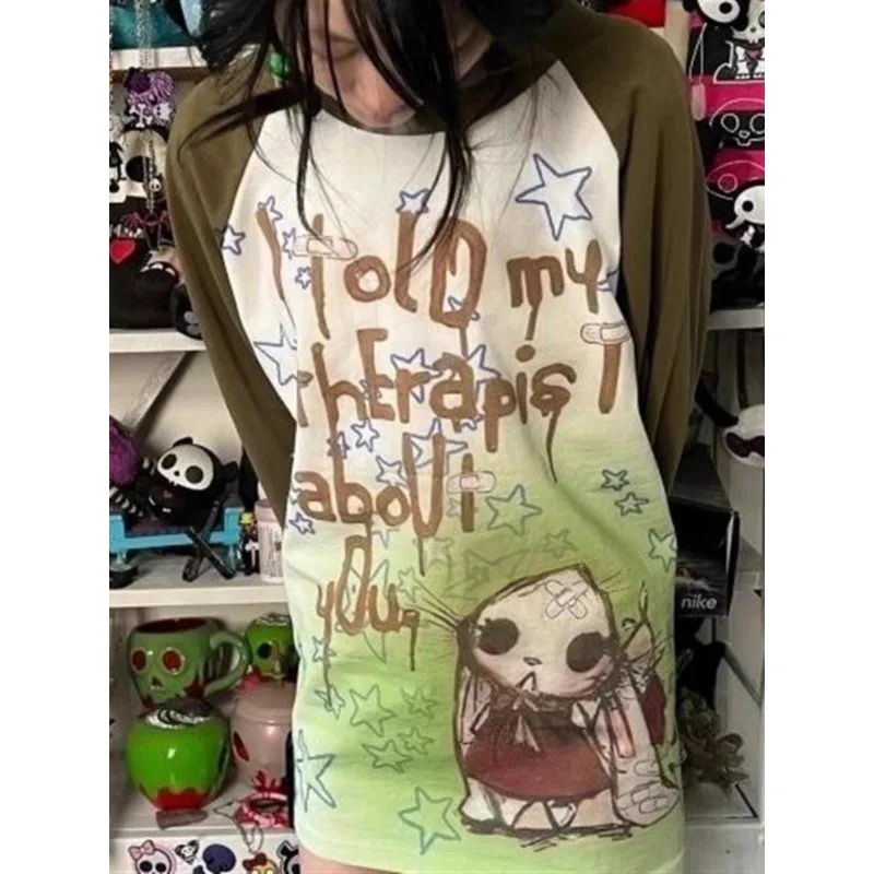 Japanese Culture Millennial Style Cartoon Graffiti Print Long-sleeved Tshirt Punk Match Color Shoulder Tees Y2k Casual Loose Top