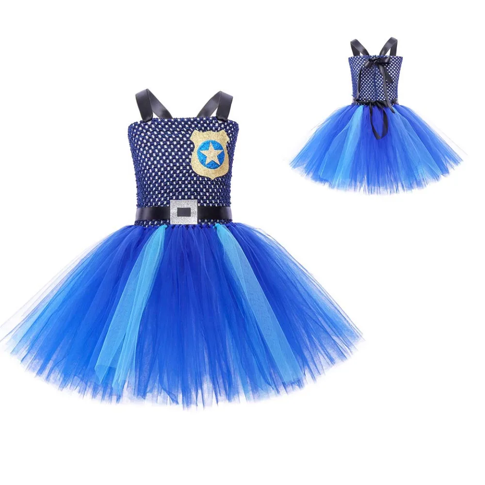 

Children Girl Cosplay Movie Zoo 2 Judy Officer Puffy Costume Girl Rabbit Sheriff Cosplay Clothes Mesh Knitted Dress