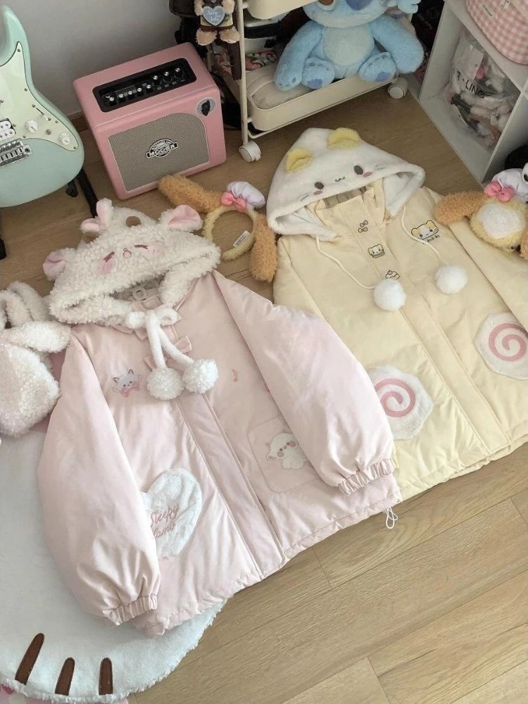 Kawaii Sweet Loose Cotton-padded Jacket Women Warm Lovely Hooded Long Sleeve Embroidery Overcoat Fashion Casual Cat Ear Coat New
