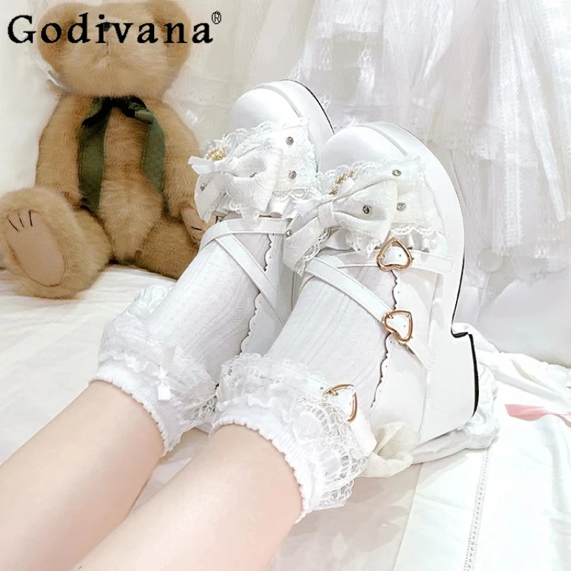 

Original Japanese Sweet Girl Lolita Lace Bow Mary Jane Single Shoes Mine Thick Heel Cross Strap Versatile Muffin Shoes