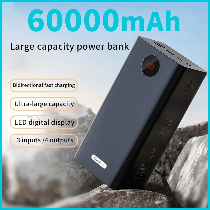 ROMOSS 60000mAh Powerful Power Bank Power Bank 22.5W SCP PD QC 3.0 Fast Charge External Battery Portable For iPhone16 15 Xiaomi