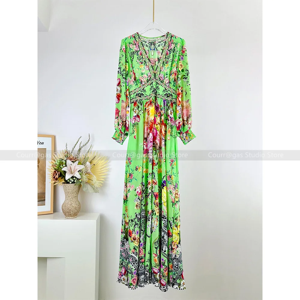 

24 Spring and summer new temperament noblewoman senior sense of V-neck floral waisted green vacation style long skirt