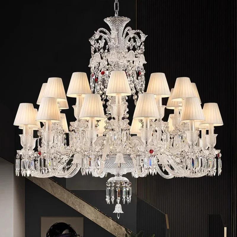 

European Designer Luxury Villa Living Room K9 Crystal Chandelier Hotel Lobby Lead Containing Bend Pipe Fabric Pendant Light