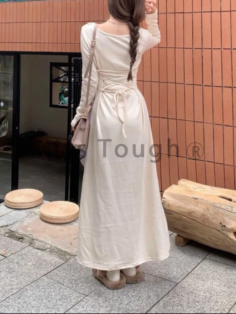 Autumn Korean Fashion Sweet Solid Dress Women V Neck Bow Elegant Slim Long Dress Female Sexy Design Sense Aesthetic Clothes 2024